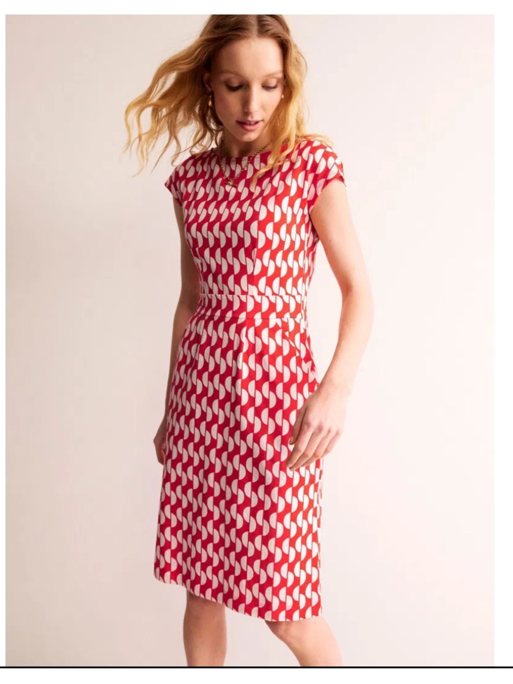 Boden Jersey Grometric Short Sleeve Knee Length Red White Pockets Dress 4 Long